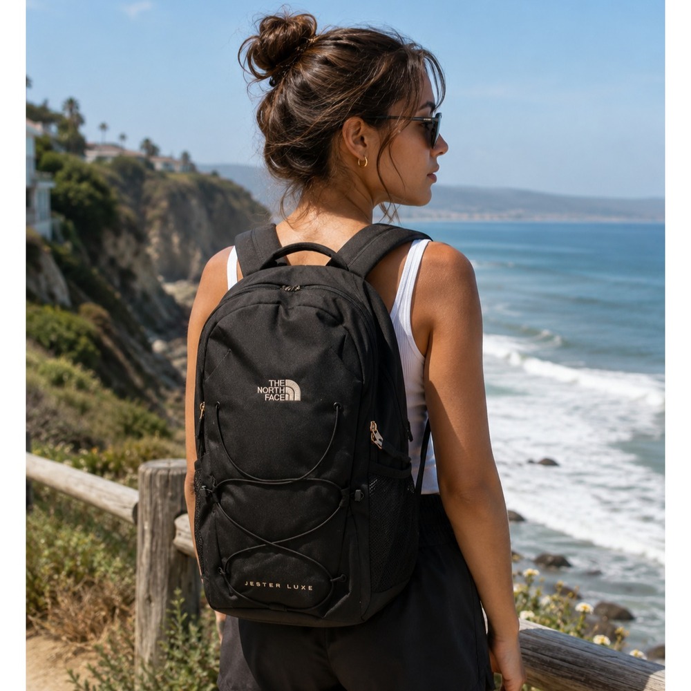 The North Face Women's Jester Luxe Laptop Backpack Black Rose Gold Burnt Coral